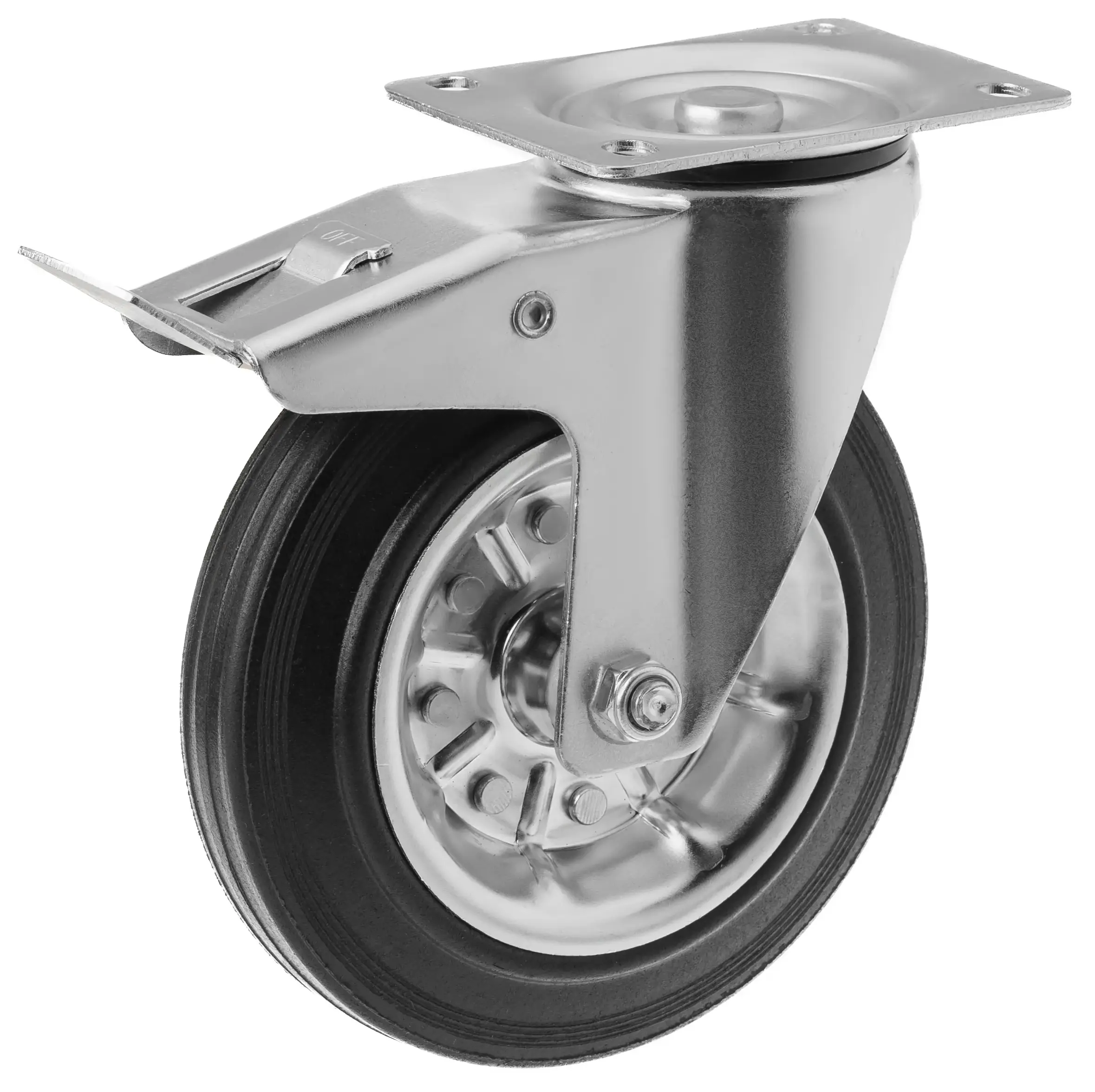 Промышленное усиленное колесо 200 мм (площадка, поворотное, с тормозом, черная резина, роликоподшипник) - SRCb 80